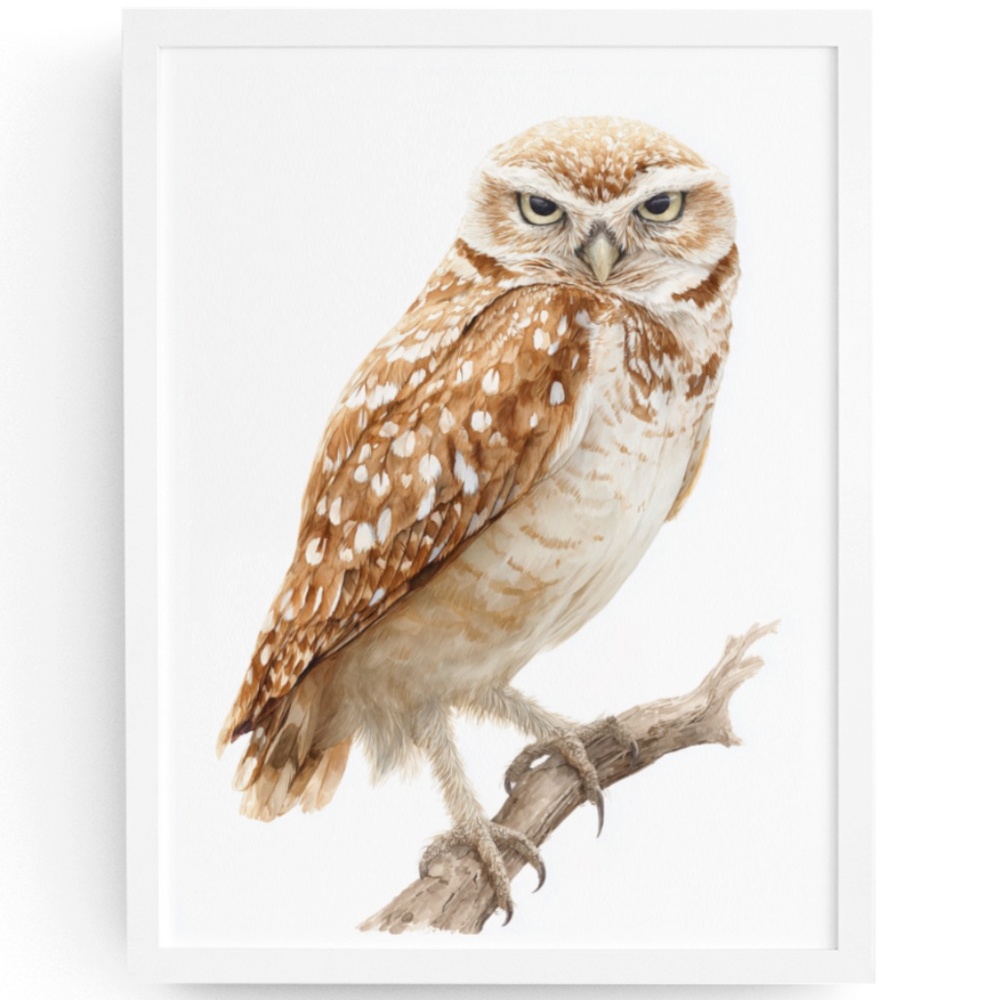 Watercolor Burrowing Owl Portrait Wall Art Print Poster, Unframed - Charming